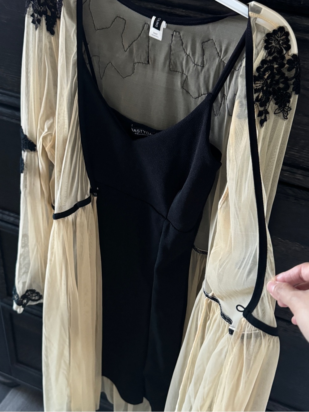 Nasty Gal Black Slip Dress with Cream Embroidered Sheer Duster - Picture 3 of 10